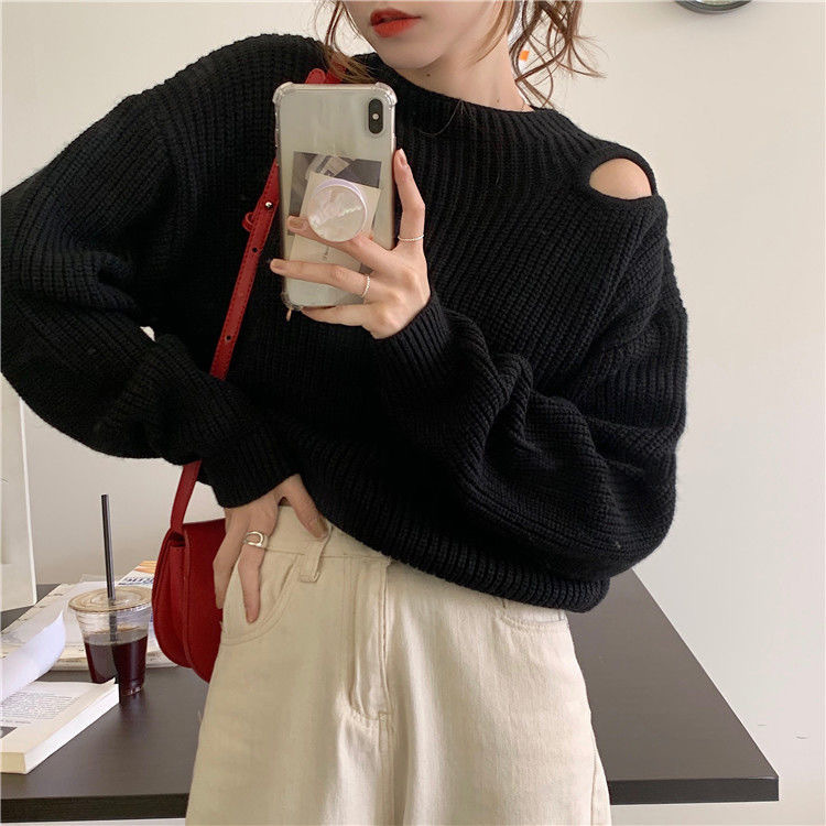 欧美跨境时尚露肩毛衣女春秋季新款宽松慵懒风纯色圆领百搭针织衫|undefined