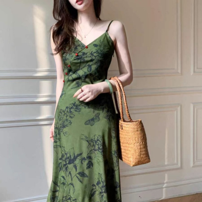 夏季新中式墨绿色高腰无袖吊带裙收腰显瘦遮肚子可爱薄款连衣裙女|undefined