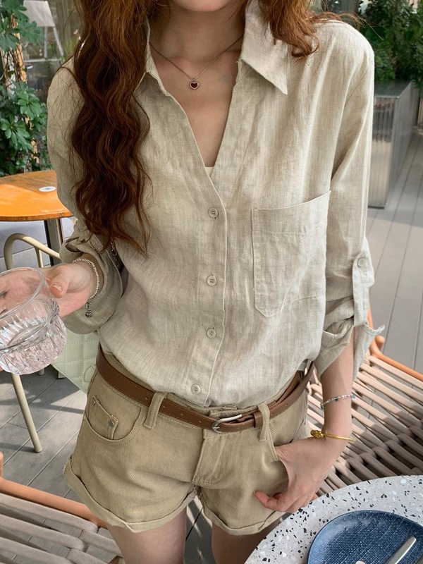 Polo翻领长袖棉麻衬衫女夏法式气质防晒开衫外套外搭宽松衬衣上衣|undefined