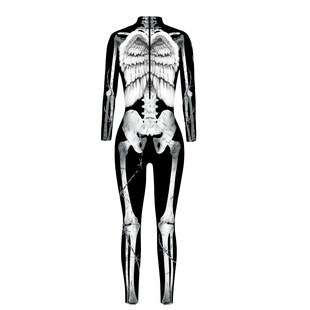 New Cross-Border Colorful Skeleton Digital Print Halloween Cosplay Costume Women's Tight Long-Sleeve Jumpsuit