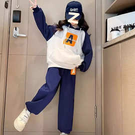 女童秋装拼色连帽卫衣卫裤两件套2025新款中大韩版宽松运动套装潮