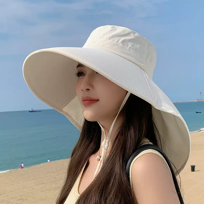 春季防晒帽子女时尚护颈披肩渔夫帽大帽檐带马尾孔户外冰感遮阳帽