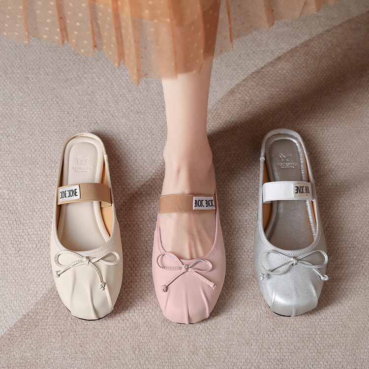Fashion Retro Ballet Flats Round Toe Bow Rear Empty Single-layer Shoes Silk Cowhide Baotou Slippers Half Trendy