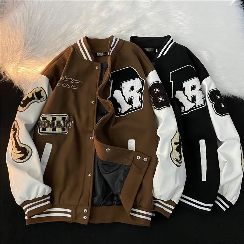 Herrenbekleidung Retro Hip Hop Beflockung Stickerei Wolle PU Leder Baseballjacke Trend Freizeitjacke_voghion.com