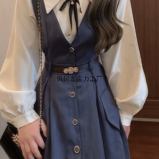 Spring French-Style Vintage Long-Sleeved Shirt Paired with a Vest Dress Two-Piece Set, Age-Reducing Outfit, New for Spring