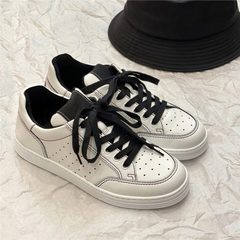 羊皮版~小香风真皮小白鞋女厚底鞋系带休闲黑白熊猫板鞋运动鞋潮