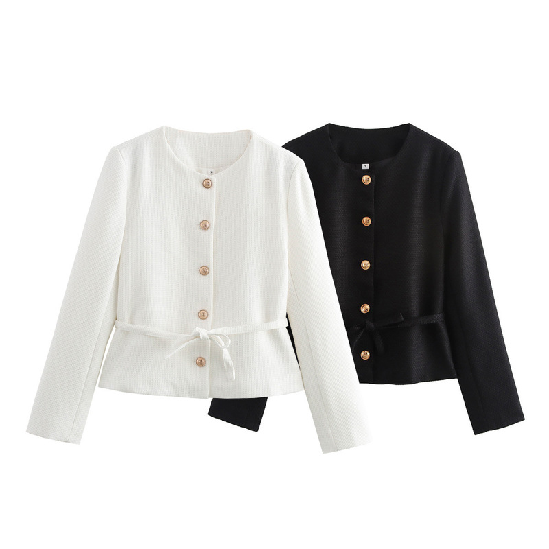 Cross-border Women's 2025 Spring and Autumn New European and American Fashion French Slim-fit Belt Texture Casual Suit Jacket for Women
