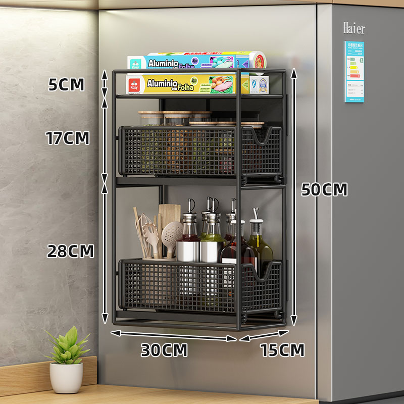 Estante de almacenamiento lateral de refrigerador Estante de almacenamiento lateral de cocina Botella de condimentos multicapa de perforación colgante de pared lateral Cesta de almacenamiento