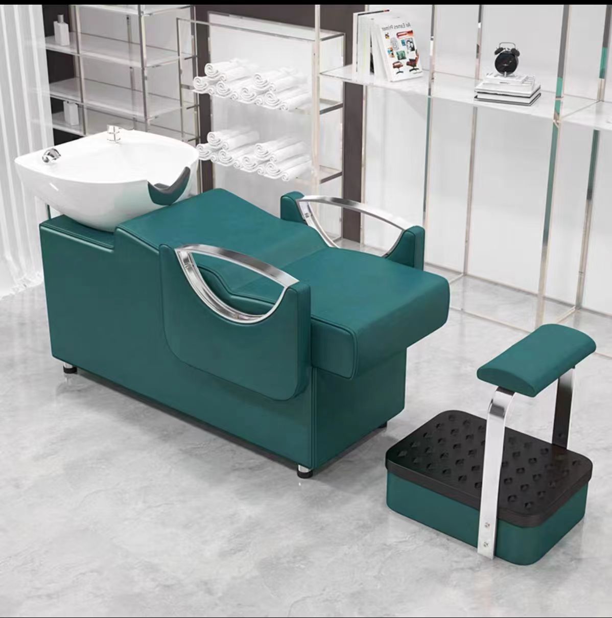 Cama de lavado de cabello para peluquería con reposapiés, lavabo de cerámica, cama de lavado de cabello semireclinable para peluquerías, cama de masaje y peluquería.