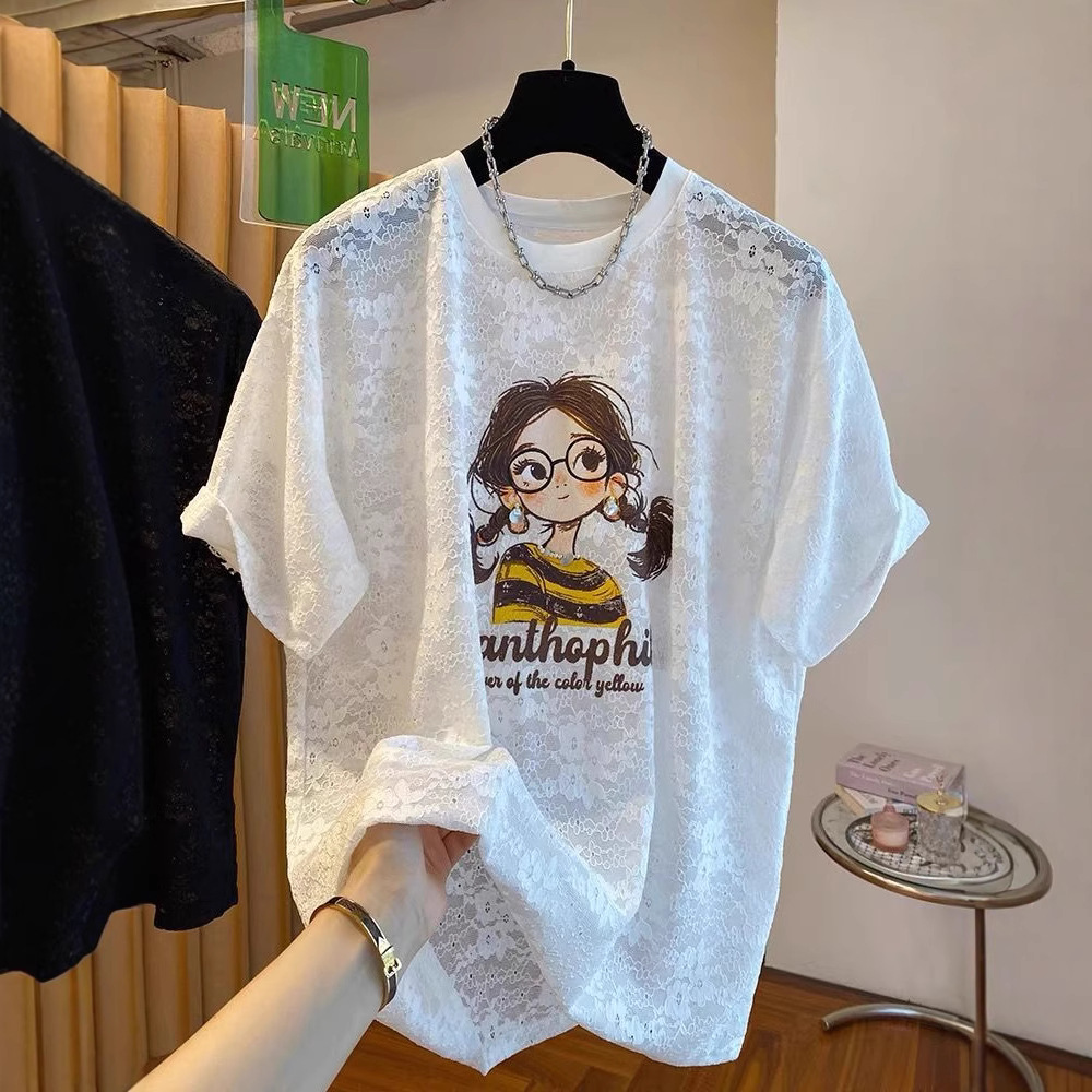 欧货跨境特大码240斤卡通女孩蕾丝镂空t恤女短袖2025新款上衣服潮