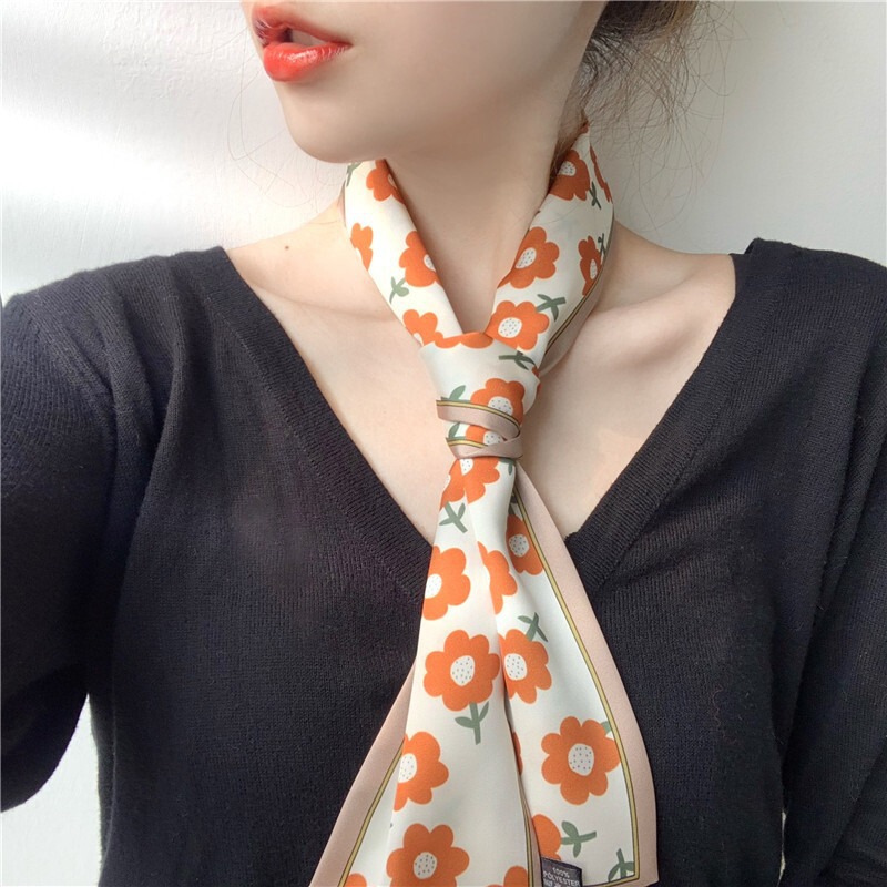 韓国の春夏の新作フラワーシルクスカーフ、多用途の細くて長いヘアタイ、ギフトボックス、リボン、シャツスカーフ|undefined