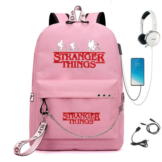 Рюкзак (Stranger Things) школьная сумка — USB-порт, железная цепь и лента, размер один