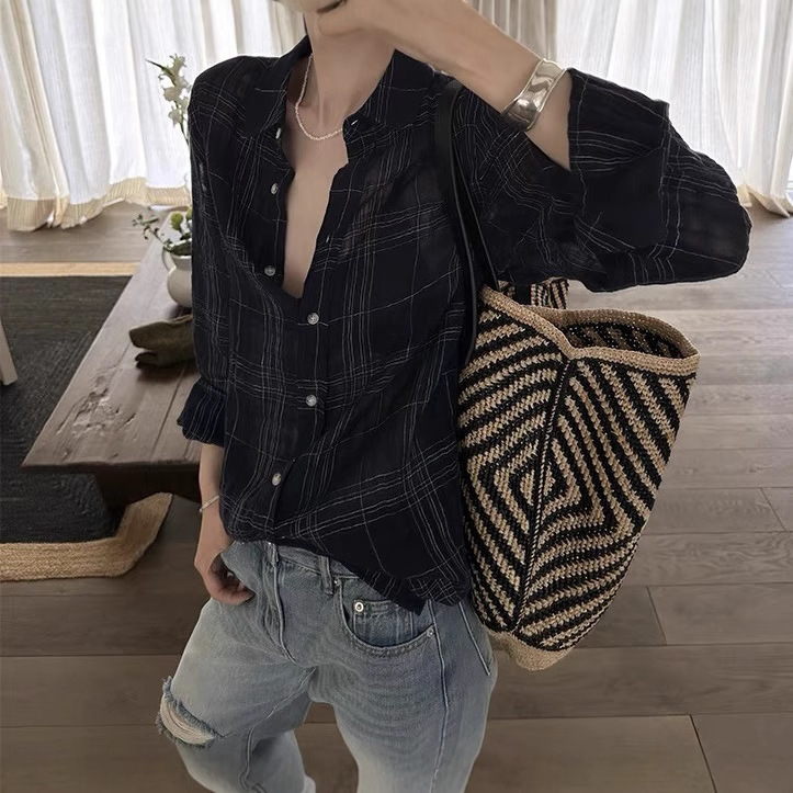 Navy Plaid Women's Summer 2025 New Thin Sun Protection Cardigan Linen Plaid Shirt Shirt Jacket Navy Plaid Women's Summer 2025 New Thin Sun Protection Cardigan Linen Plaid Shirt Shirt Jacket