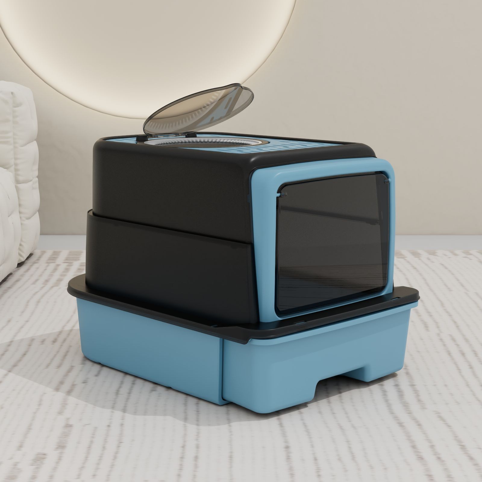 La caja de arena para gatos está completamente cerrada, los productos para gatos, el inodoro para gatos de gran tamaño, la arena y el olor