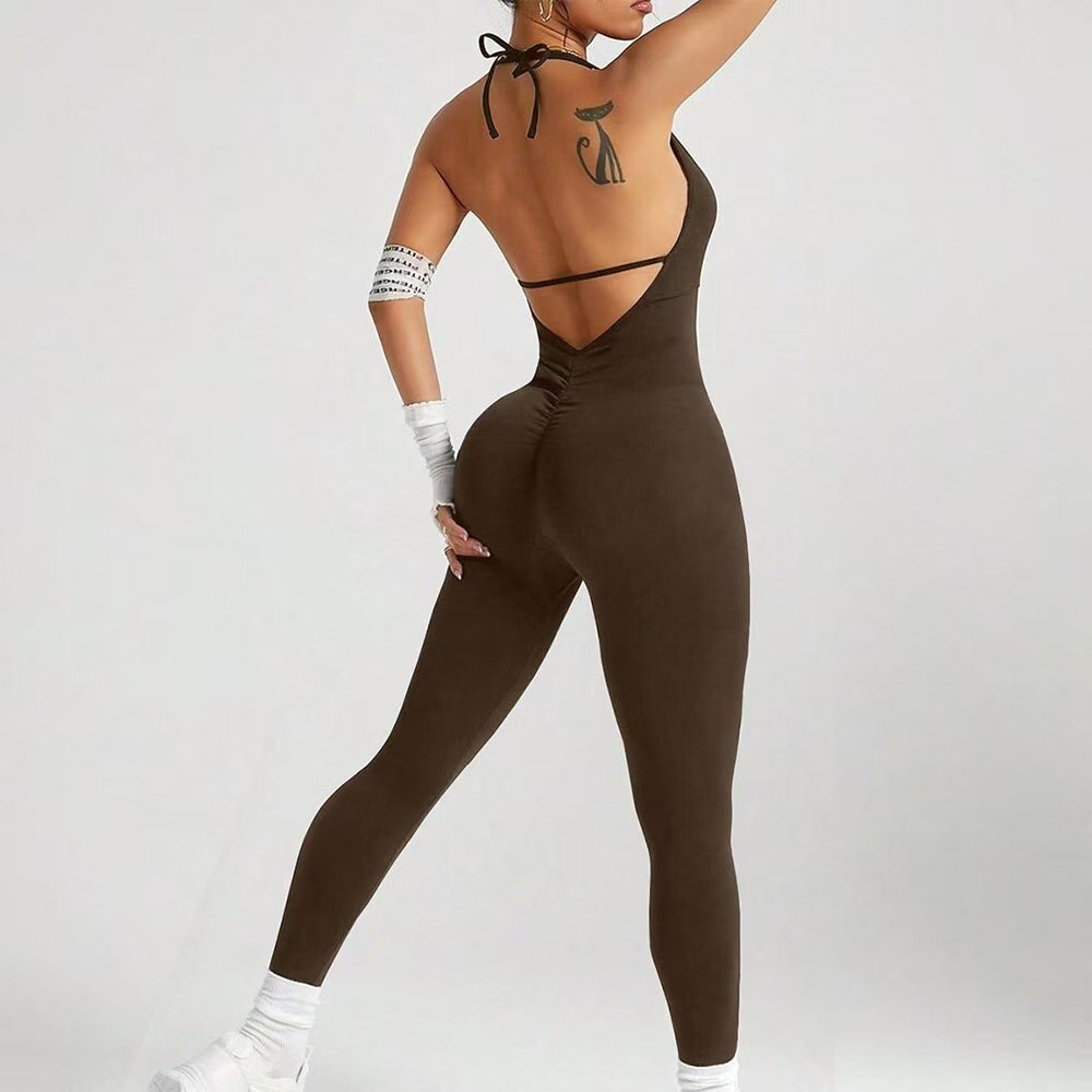 Cross-Border Halterneck Lace-Up Backless Outdoor Sports One-Piece Women's Twisted Design Slimming High-Waist Hip-Lifting Yoga Fitness Wear