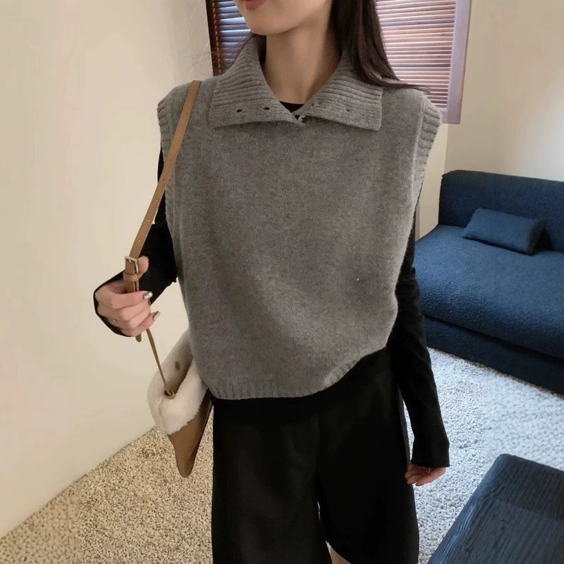 Литературный ретро стиль пуговицы без рукавов трикотажный жилет сплошной цвет весенний новый корейский дикий свитер топ женский