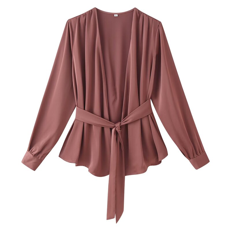 Myst&Za Summer New Cross-Border Women's Clothing European and American Style Fashion Simple Versatile Solid Color Tie V-Neck Long-Sleeve Shirt