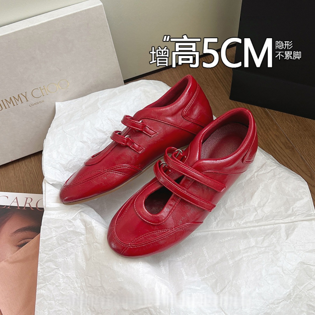 In Stock ~ 5cm Inner Height Increase French Pumps Women's Casual Work Clothing Versatile Sports Velcro Mary Jane Shoes for Women