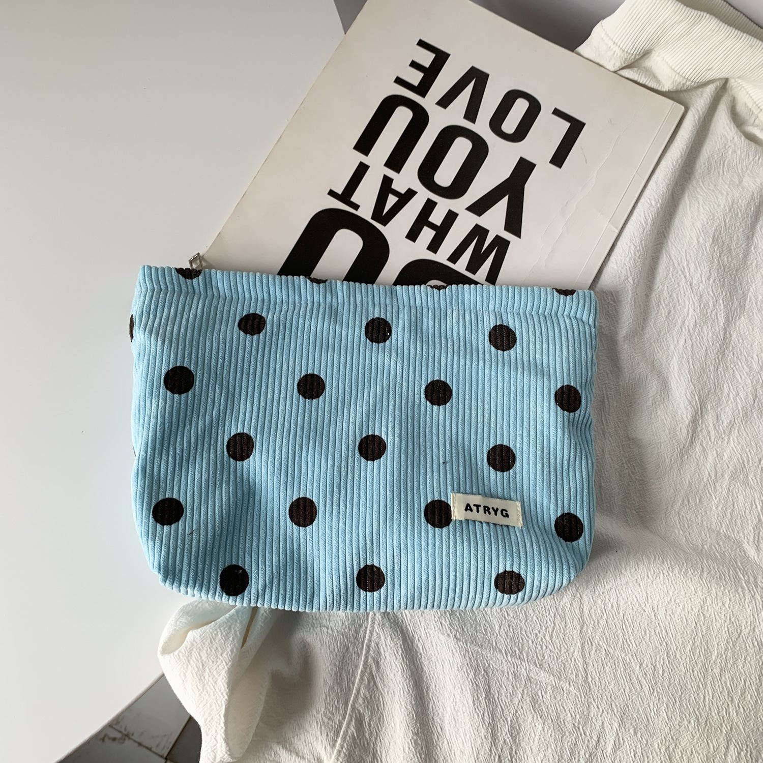 Bolsa de cosméticos de pana de lunares de lona transfronteriza, almacenamiento de cara sonriente, bolso de mano de lavado, llave, billetera móvil, estuche para lápices