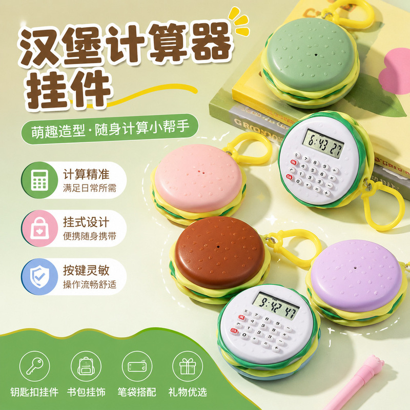 New hamburger-shaped mini calculator pendant, portable for students to check the time, keychain electronic calculator