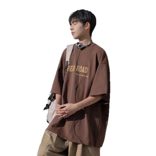 Men's Summer American Retro Coffee Short-Sleeve T-Shirt with Letter Print Loose Trendy Streetwear Casual Half-Shirt