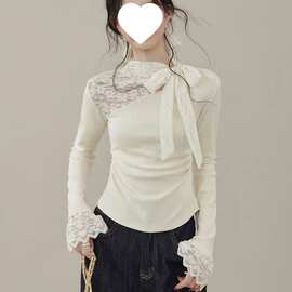 欧阳喜《南法少女》蕾丝钩花长袖针织T恤女装秋季打底衫内搭上衣