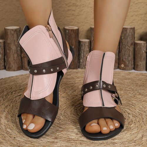 Flat-bottomed multicolor studded sandals with fish-mouth design, side zipper, short shaft—women’s Roman-style versatile flat-heeled shoes.