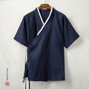 Summer New Chinese Style Cotton and Linen Zen Clothing Chinese Style Oblique Lapel Han Dynasty Japanese Style Large Size Men's Short-Sleeved Jacket