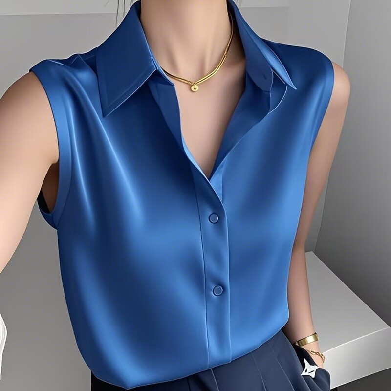 French Gentle Style White Satin Polo Collar Sleeveless Shirt for Women Summer New Versatile Casual Elegant Shirt