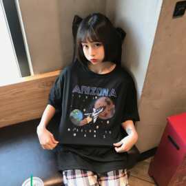 841#版女装宽松打底衫短袖T恤上衣+松紧腰格直筒子裤子