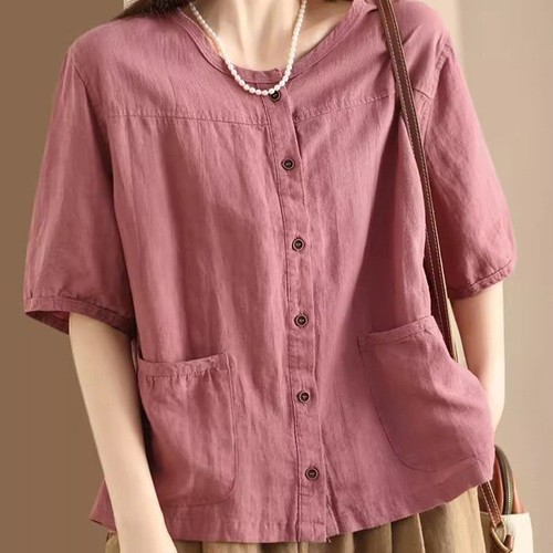 2025 Summer Retro Literary Crew Neck Cotton-Linen Shirt with Pocket Design for Women Casual Single Button Short Sleeve Elegant Style