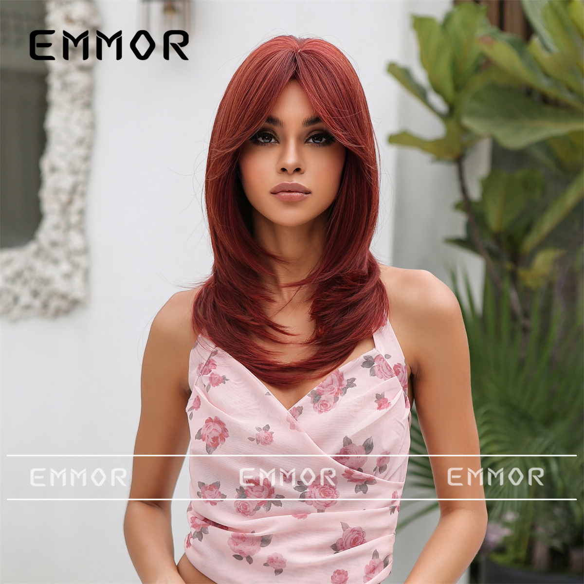 Peluca de temperamento en capas mujer flequillo de ocho caracteres cabello de longitud media micro-volumen simulación peluca natural cubierta de la cabeza completa cabello