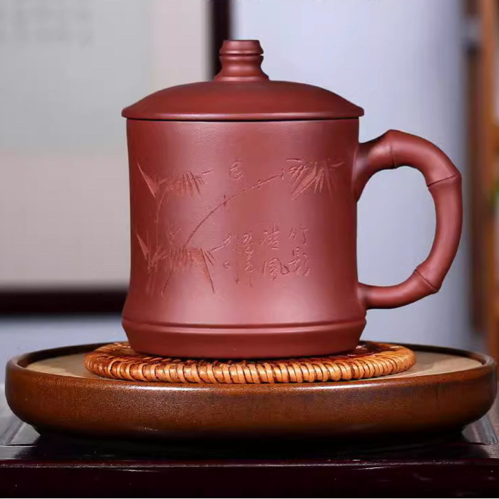定制宜兴紫砂茶杯原矿紫泥清水泥大容量竹节盖杯非陶瓷礼品泡茶杯