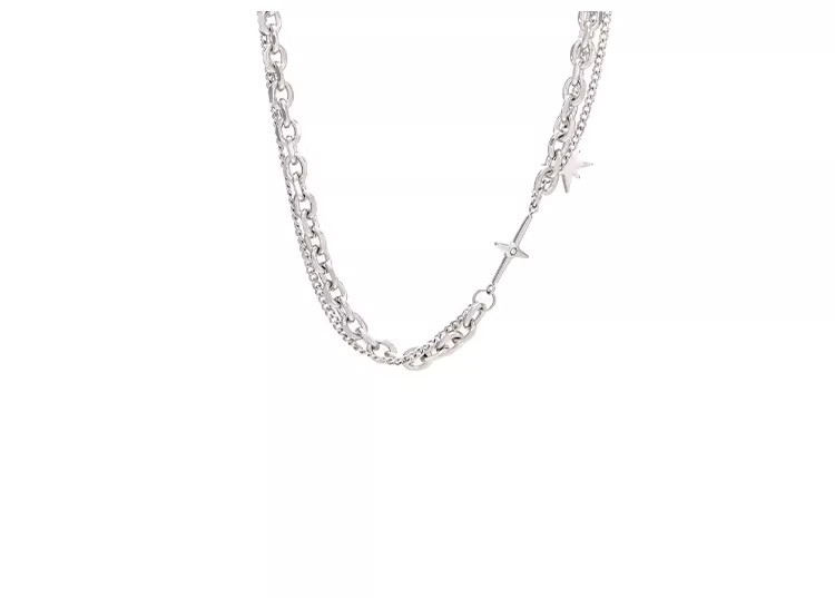 Double Layer Chain Necklace With Cross And Star Pendants For Men_voghion.com