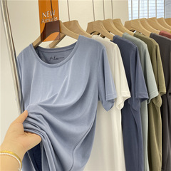 1人あたりN枚！女性用キュプラシルクラウンドネックTシャツ、軽量でドレープがあり、スリムで涼しく、ゆったりとした半袖トップスTシャツ