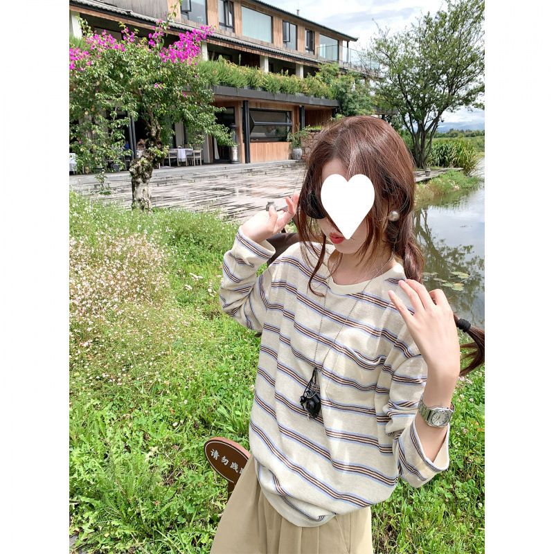 韩系百搭蓝白条纹长袖T恤女装早秋休闲宽松打底衫慵懒松弛感上衣|undefined