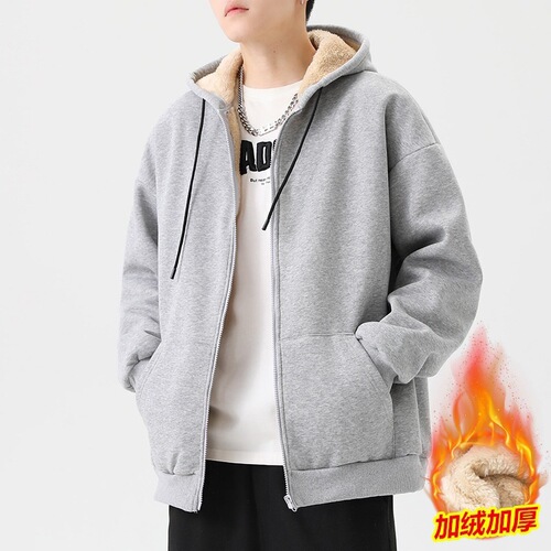 Overseas Brand Fleece-lined Thick Winter Cap Hooded Lamb Wool Men's Unisex Pullover Sweatshirt Men's Warm Trendy Top