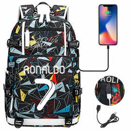 新款50足球球星C罗USB大容量青少年学生书包男女休闲旅行双肩背包