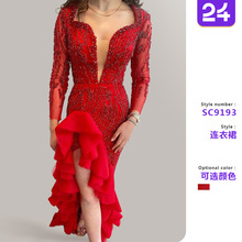 2025跨境春夏新款女装连衣裙敬酒服深V亮片开叉鱼尾婚礼宴会礼服