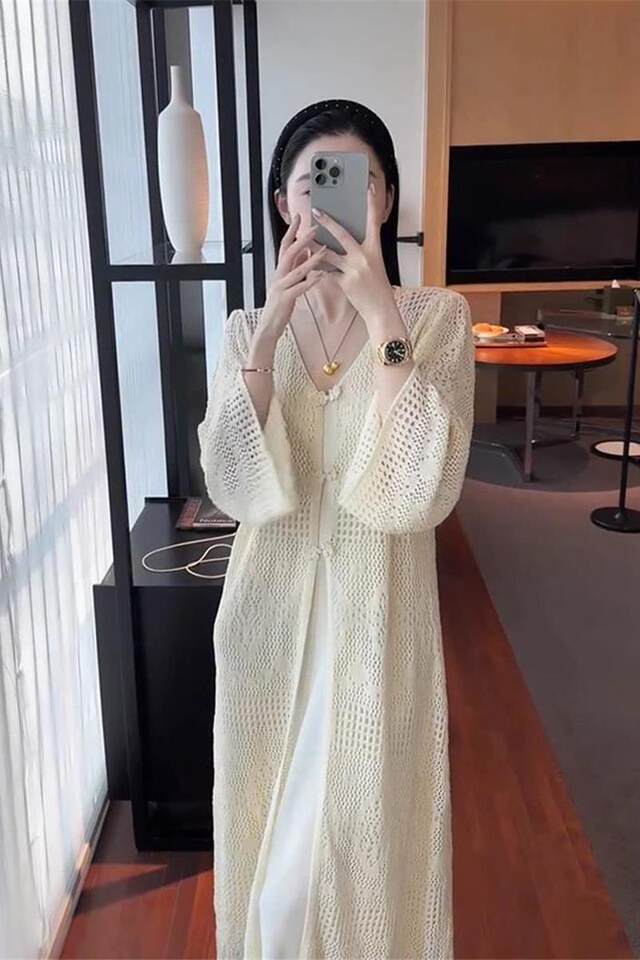Áo cardigan dệt kim dáng dài nữ thiết kế khoét lỗ, cổ chữ V, tay dài, phong cách thanh lịch — Màu be 【Nâng cấp chất liệu vải cao cấp】 chi tiết 6