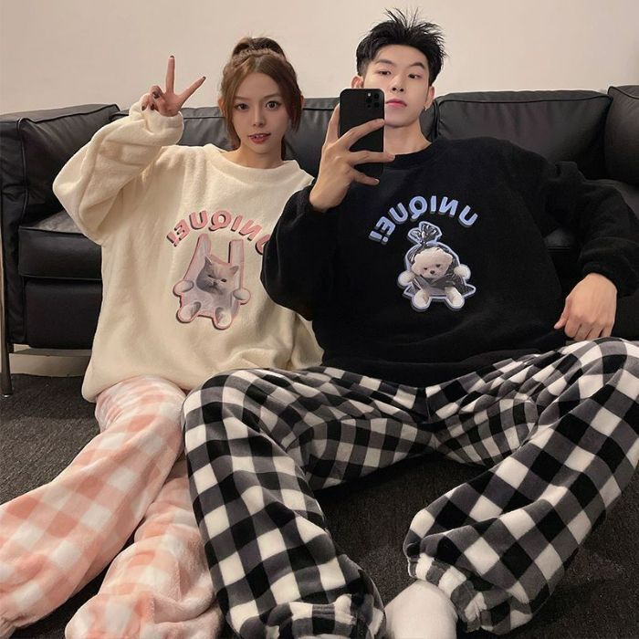 Buy One Get One Free Coral Velvet Couple Pajamas for Women Winter Fleece-Lined Thickeneded Flannel Men's Home Wear Two-Piece Suit