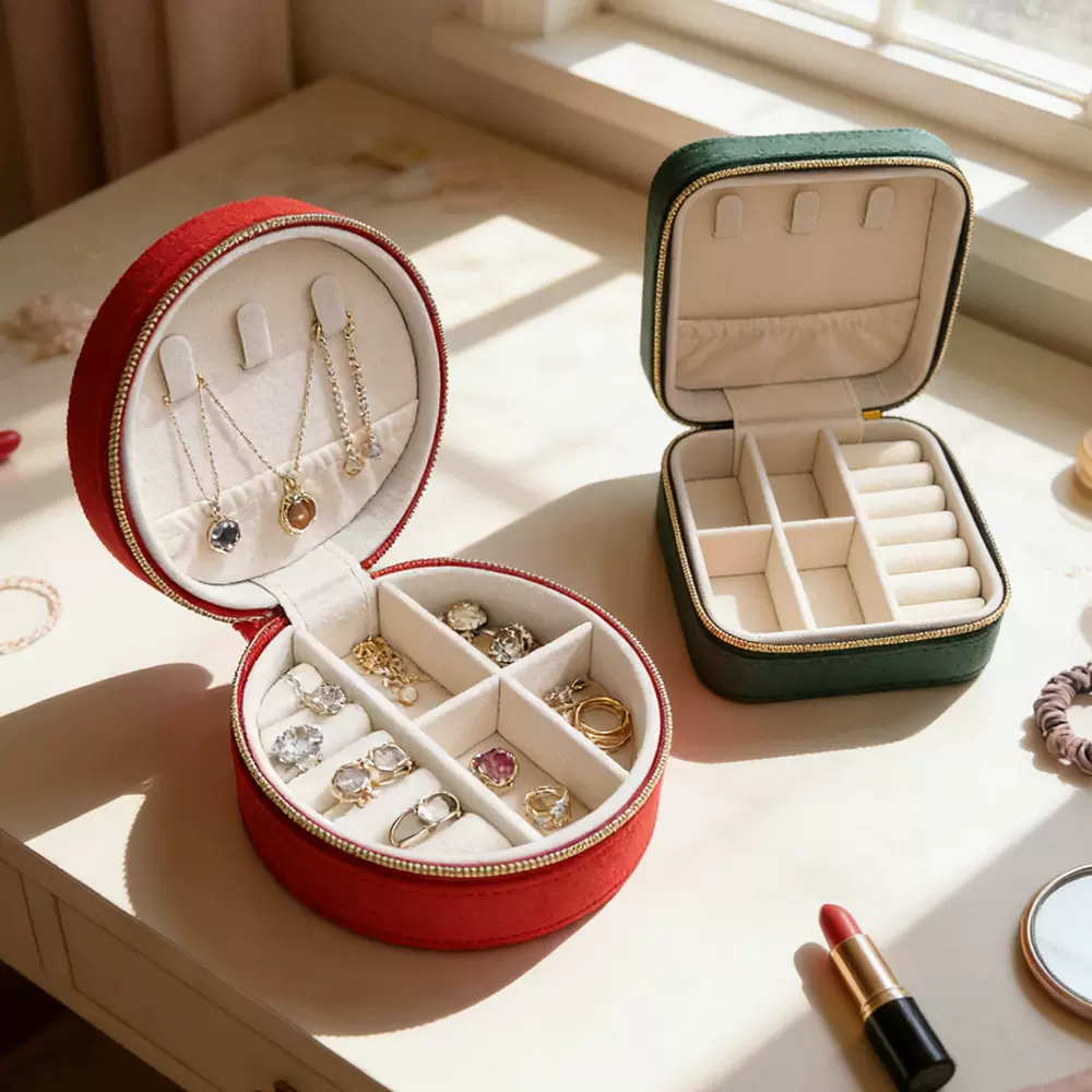 跨境丽丝绒拉链珠宝包装饰品盒 绒布首饰收纳盒耳钉项链戒指盒子