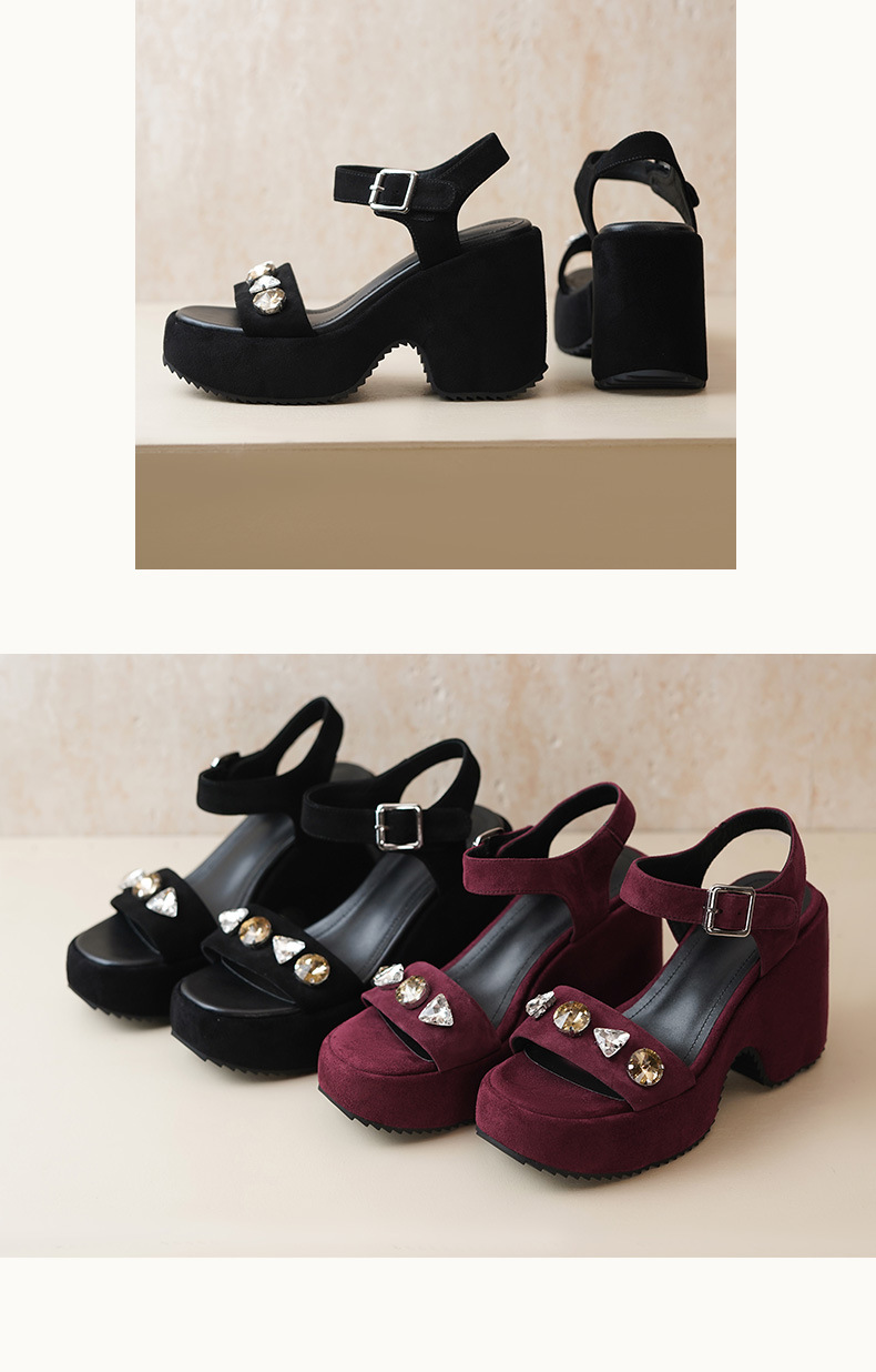 Sandal cao gót nữ quai ngang đế dày, mũi hở, phối đá lấp lánh, gót 9 cm — màu đen, Rượu vang đỏ chi tiết 6