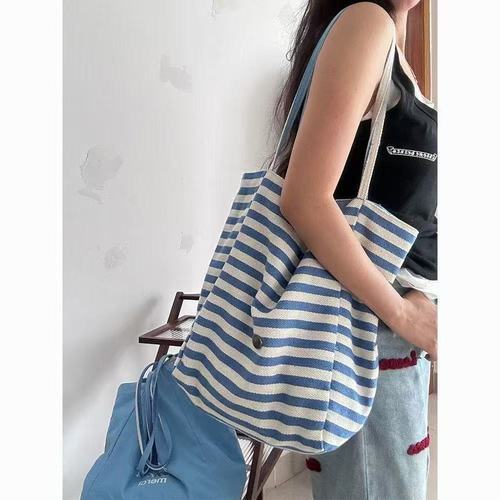 2025 Summer Striped Canvas Tote Bag, Korean Ins Lazy Style Shoulder Bag for Students, Large Capacity Casual Women's Bag