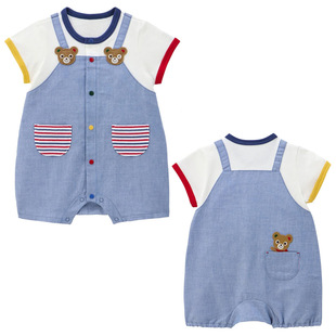 One-piece Suit Summer Children's Cartoon Bear Embroidered Strap Fake Two-piece Short-sleeved Climbing Suit