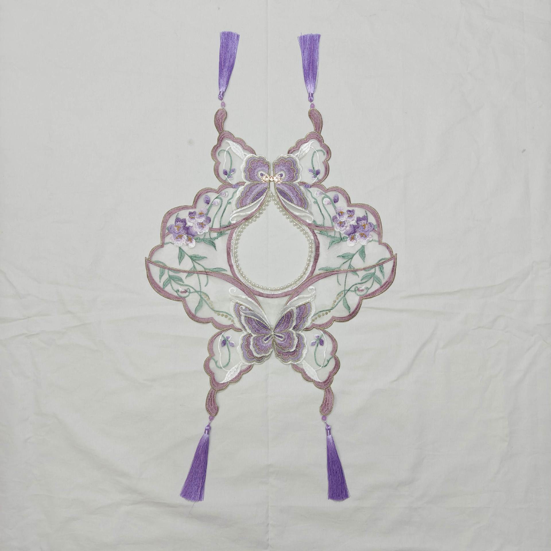 蝴蝶花边欧根纱刺绣紫色领花马面裙云肩金属盘扣系扣领座可爱假领