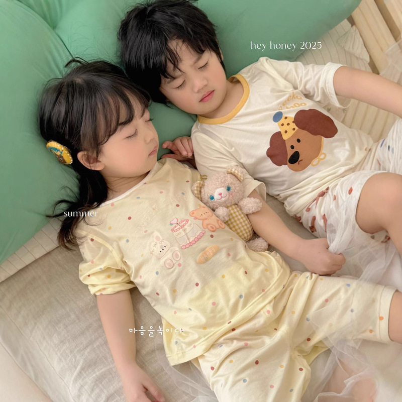 Size roll Heyhoney children's home clothes suit lyocell boys and girls baby cartoon pajamas spring and summer