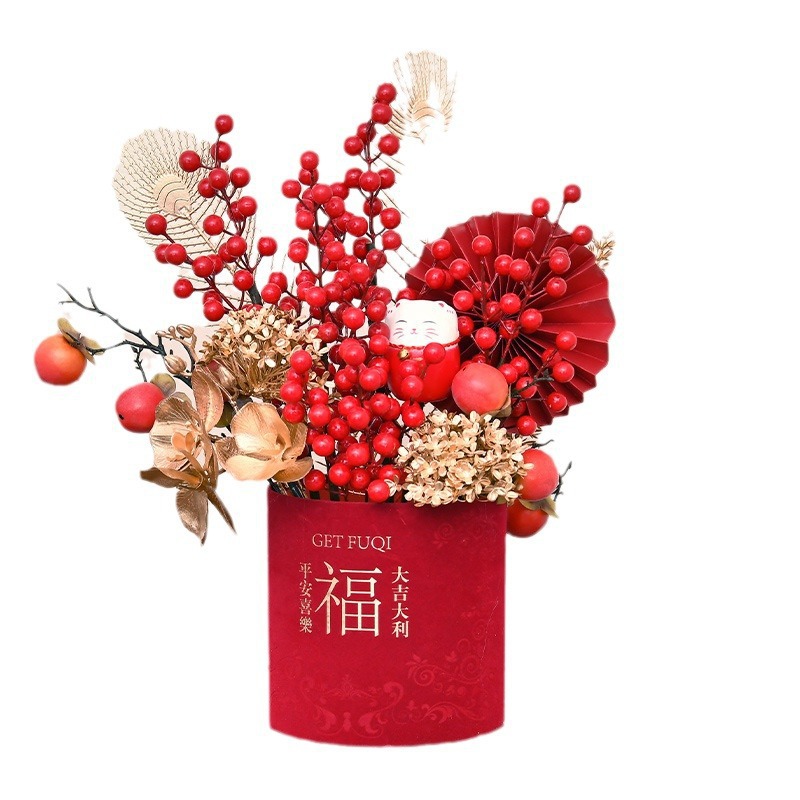 Festival de primavera decoración Víspera de Año Nuevo flor con cubo simulación de DIY acebo acabado arreglo floral cubo al por mayor regalo de la mano cubo producto terminado