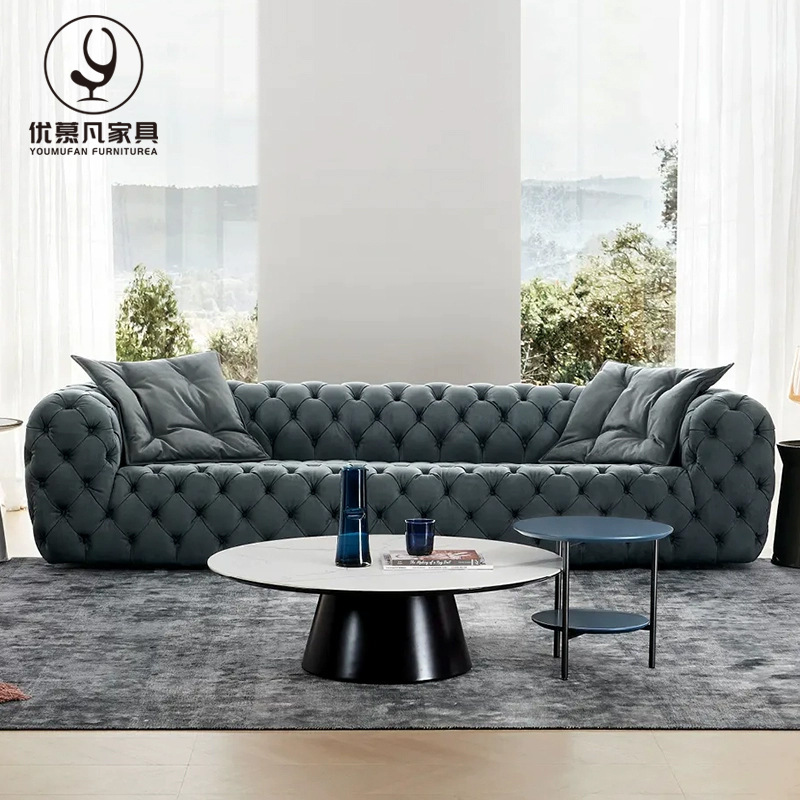 Italian Minimalist Moon Surface Pull-Button Sofa European and American Style Villa Living Room Light Luxury Fabric Straight Sofa