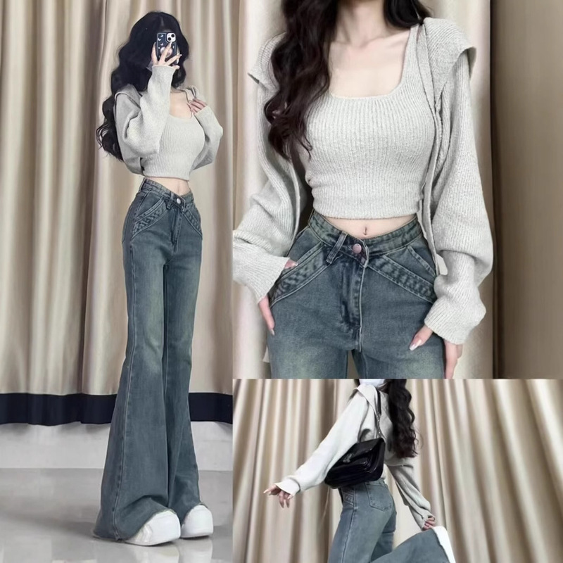 Retro Design Sense Rag Micro-flared Jeans Women's Spring and Summer Mid-waist Spice Girl Stitching Stretch Slim-fit Trousers